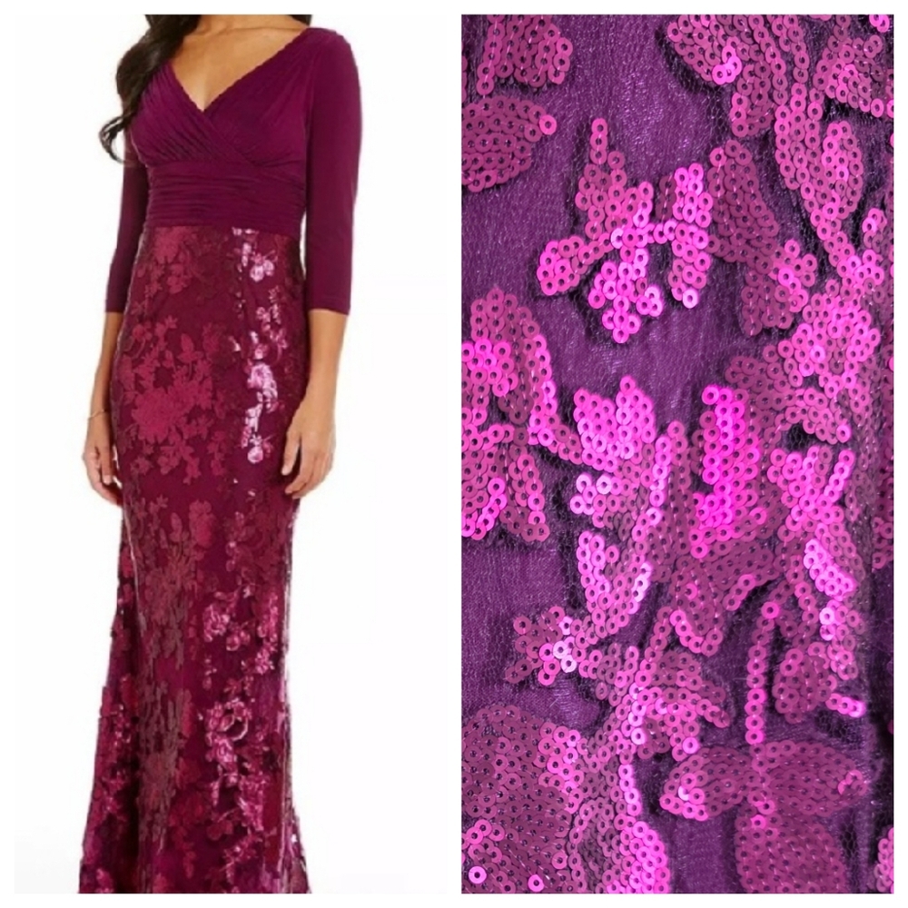 Adrianna Papell Sequin Mesh Surplice Mermaid Gown Dress